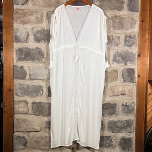 Bette White Crochet Lace Trim Maxi Kimono Cover Up Kaftan Dress One Size‎